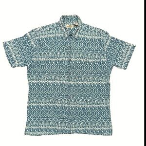 Vintage LL Bean Short Sleeve Button-Up Shirt Mens Large Blue Aztec Pockets